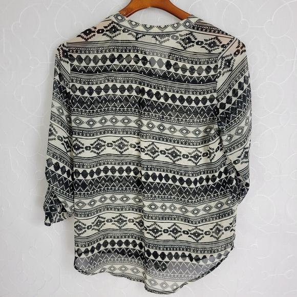 About A Girl Womens Blouse Size Medium Black Bohemian Pattern Button Down Sheer - Picture 2 of 8
